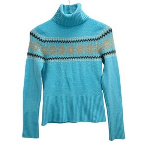 Y2K Arizona Jean Co Fair Isle Sweater Size M Snowflake Turtleneck Sequin Blue